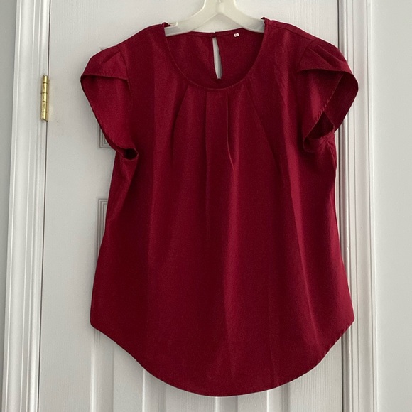Casual Round Neck Basic Pleated Top Cap Sleeve Curved Keyhole Back Blouse - Picture 1 of 2